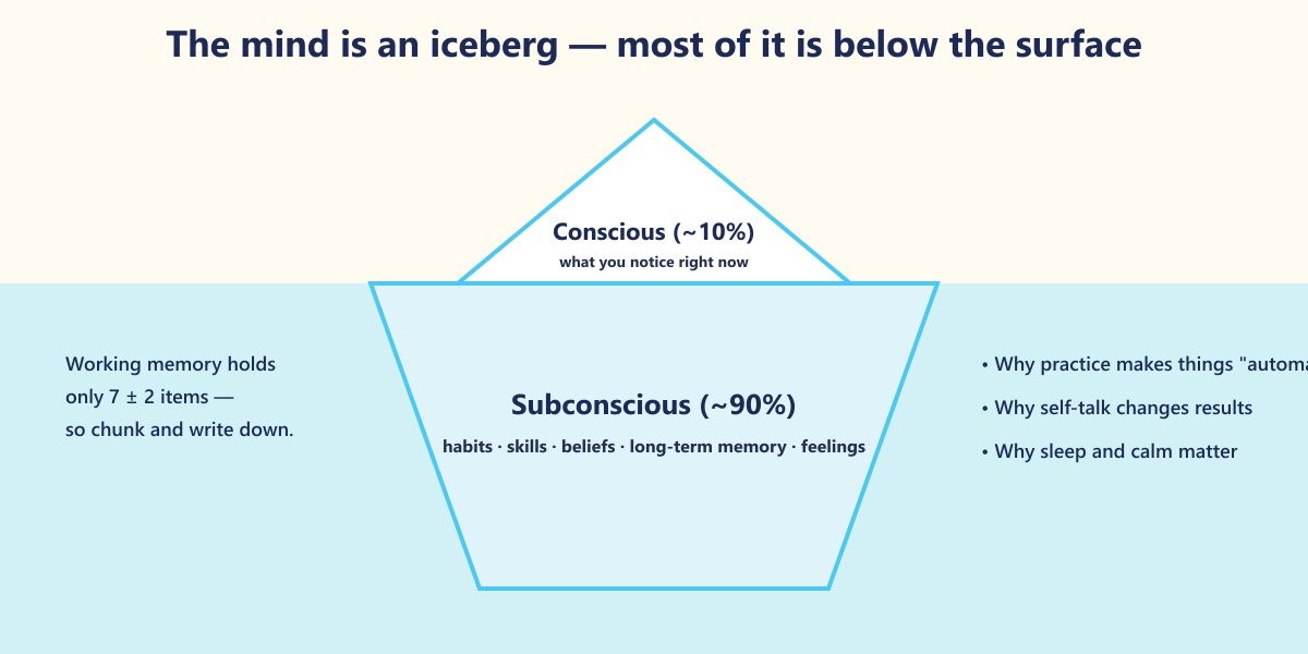 Working memory is tiny; long-term memory is vast. Study techniques are about getting information across the line โ and finding it again later.