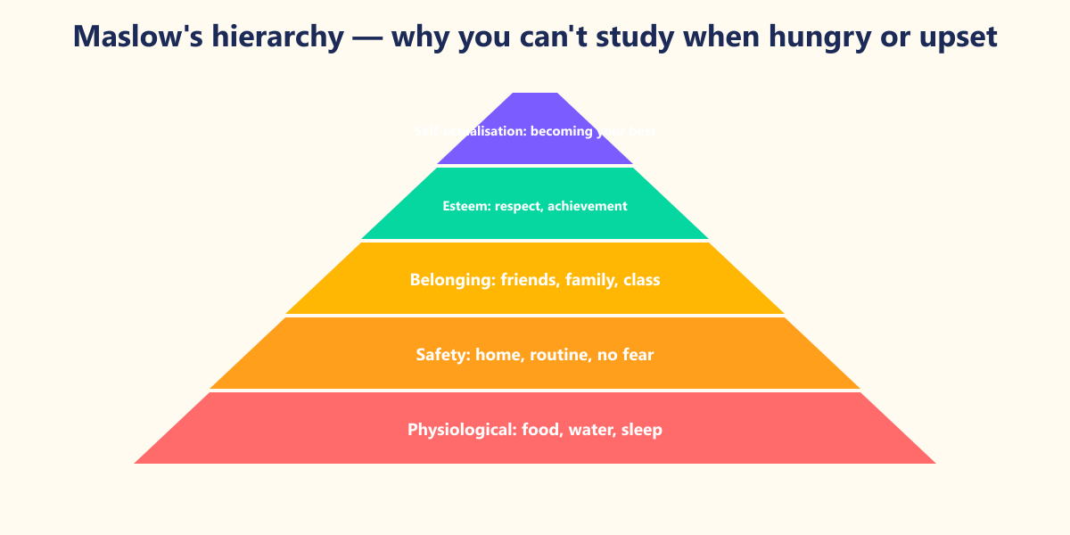 Abraham Maslow's hierarchy of needs (1943). Lower needs demand attention first โ a hungry, sleepless or frightened child cannot focus on learning.